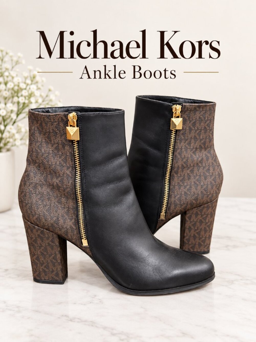 Michael Kors Black Brown MK Logo Ankle Boots Size 8M